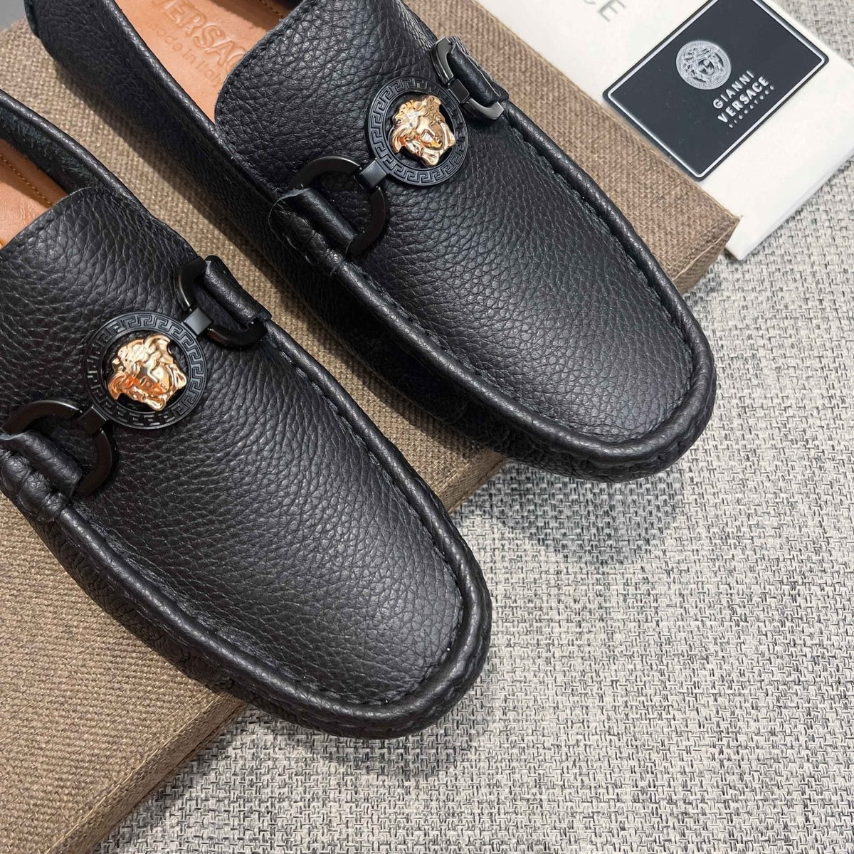Versace Black Gold-Emblem Slip-On Loafers